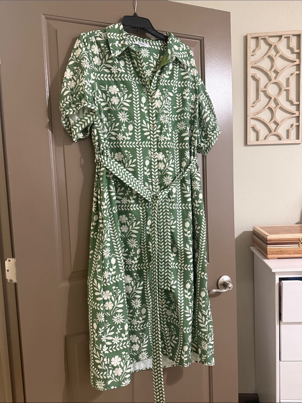 Polagram Green Floral Shirtwaist Dress with Tie Belt